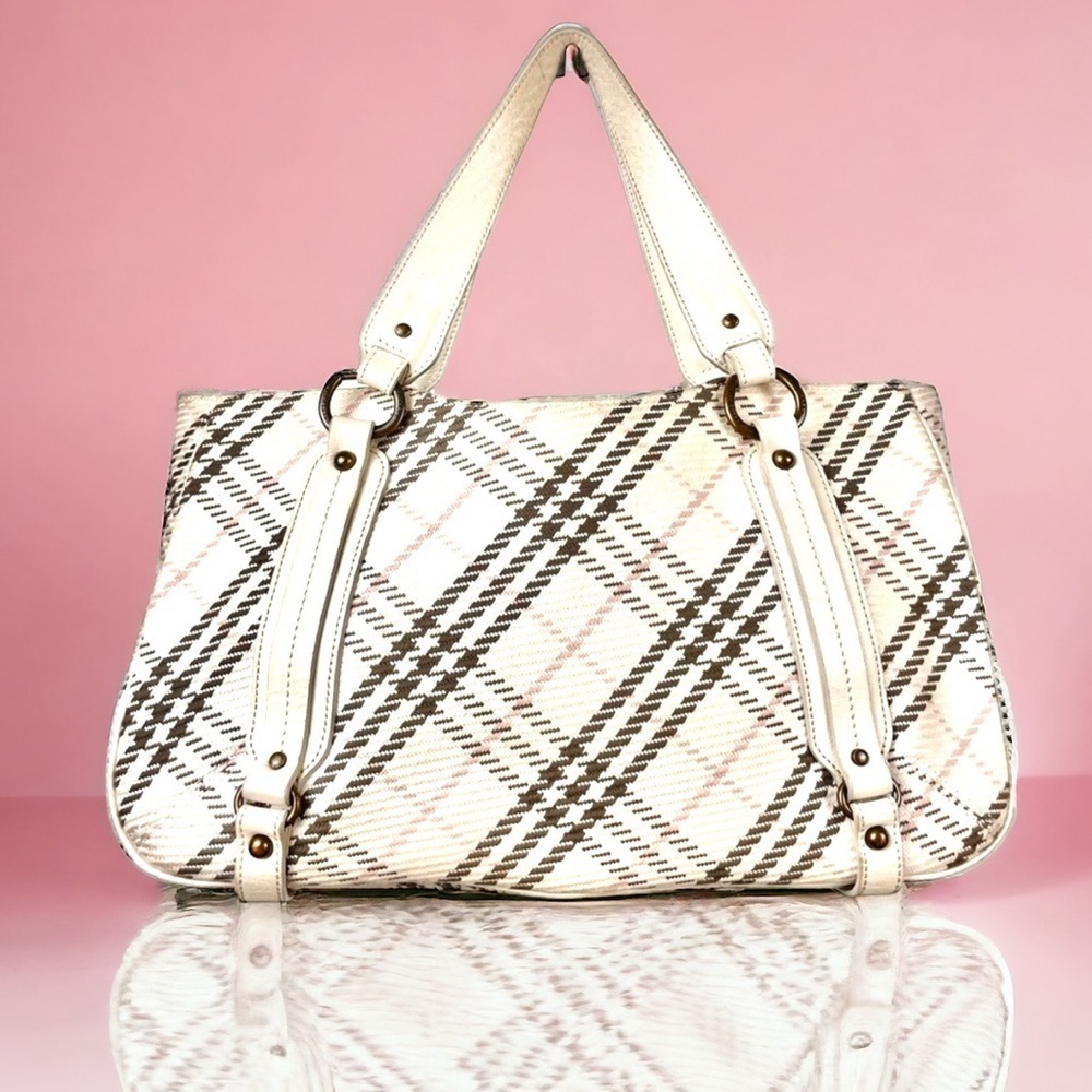 Y2K Burberry Blue Label Cream Cotton and Leather Plaid Satchel Shoulder Bag - Picture 1 of 15